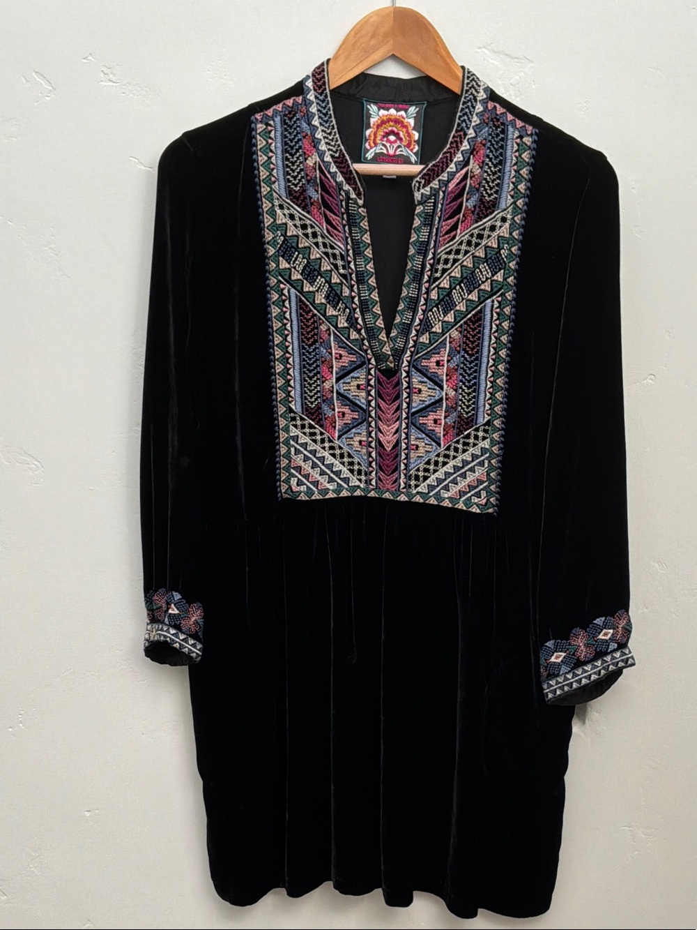 Johnny Was Black Velvet Tunic with Multicolor Geometric Embroidery